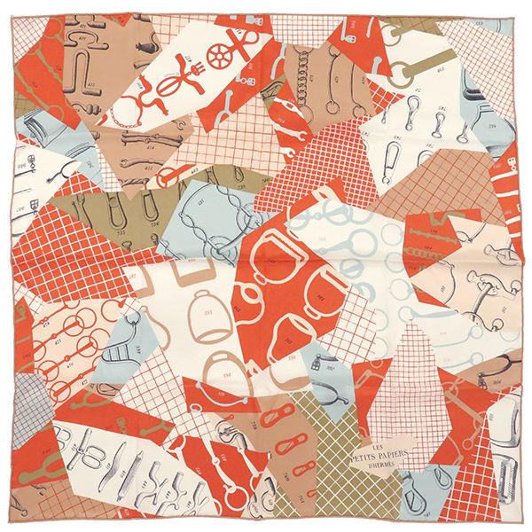 エルメス HERMES スカーフ カレ70 CARRE シルク ベージュローズ×コーラル×ブルーペール LES PETITS PAPIERS|プティパピエ