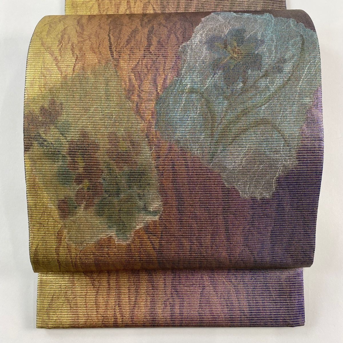 袋帯 秀品 草花 幾何学 金糸 ラメ糸 紫 お太鼓柄 正絹