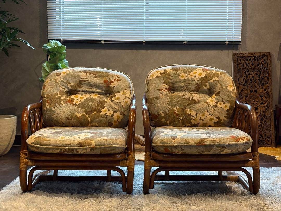 台湾製　ラタン　ヴィンテージ　籐　アームチェア　肘付き椅子　2脚セット SZ 台湾製 ラタン ヴィンテージ 籐 アームチェア 肘付き椅子 2脚セット SZ