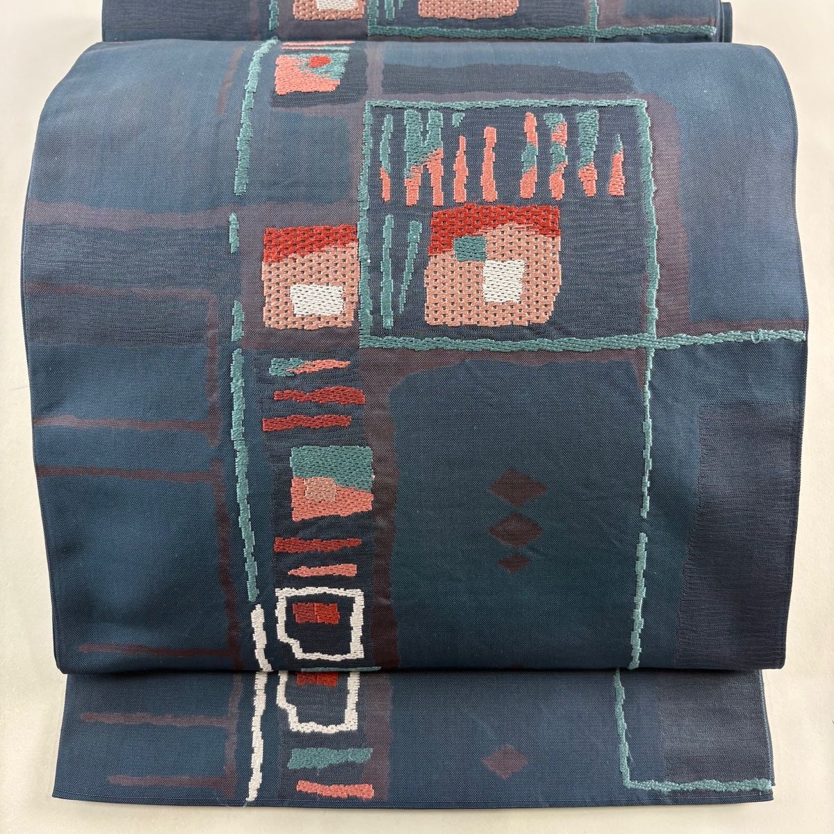袋帯 美品 秀品 渡文 落款 本袋 幾何学模様 刺繍 藍色 六通 正絹
