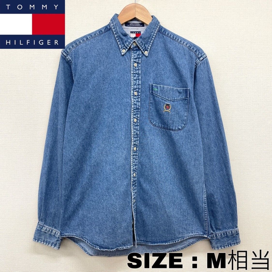 US古着 TOMMY HILFIGER デニム シャツ ボタンダウン 長袖 ロゴ 刺繍 レディース メンズ M相当 インディゴ メルカリShops