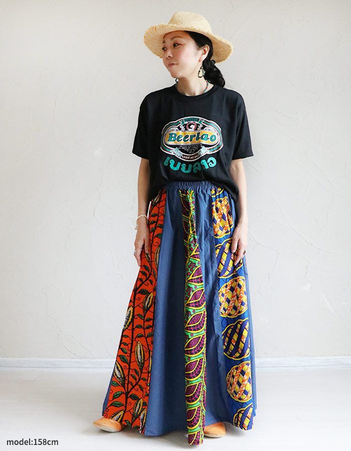 スカート ロング フレア カンガ デニム アフリカン エスニックファッション 1～7番 ブルーデニム