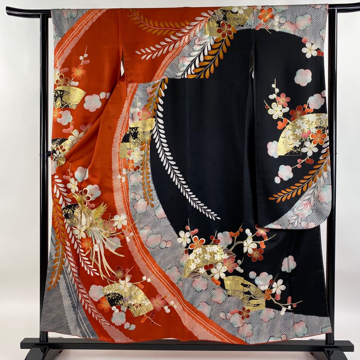 振袖 身丈154cm 裄丈62cm S 袷 尾長鳥 扇面 金糸 金彩 茜色 正絹