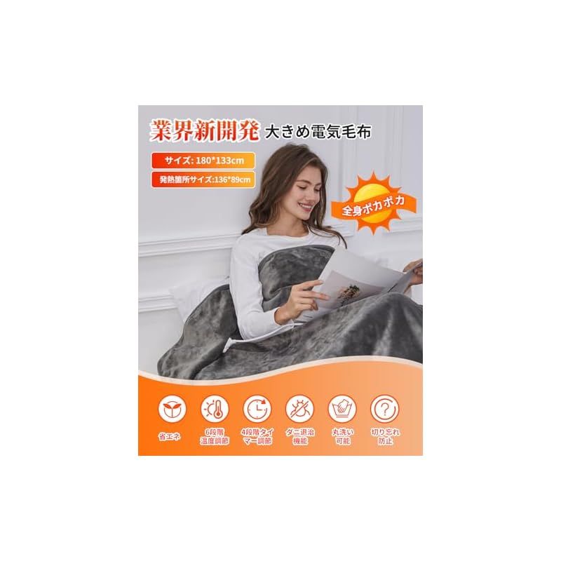 電気毛布 掛け敷き兼用 180 133cm 大判サイズ 6段階温度調整 4段階タイマー ふわふわ 電気ひざ掛け フランネルとコットンウール 厚手生地 電気ブランケット ふかふか ソファ ブランケット 速暖 恒温加熱 過熱保護 切り忘れ防止 省エネ 柔 0