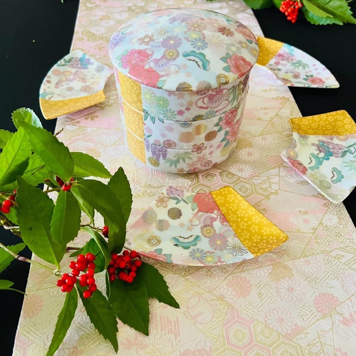 お重セット 三段重 扇皿5枚 ポーセラーツ