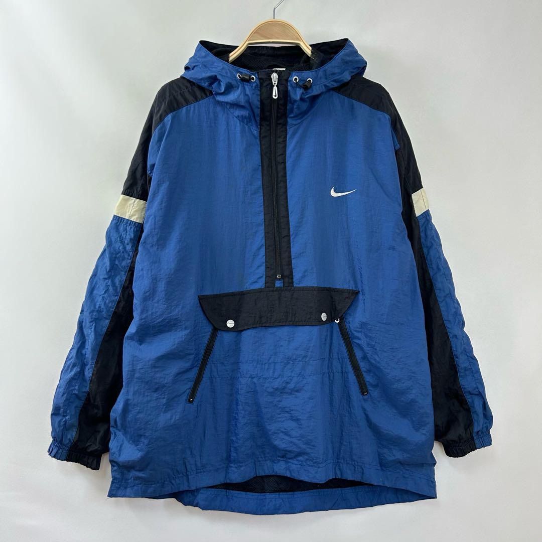 90s 90年代 銀タグ 旧タグ ナイキ NIKE ハーフジップ ナイロン アノラックパーカー ジャケット ブルゾン 刺繍ロゴ カンガルーポケット  切り替え 切替え 輸入古着 海外古着 メンズ Lサイズ ブルー ブラック【S131】 - メルカリ