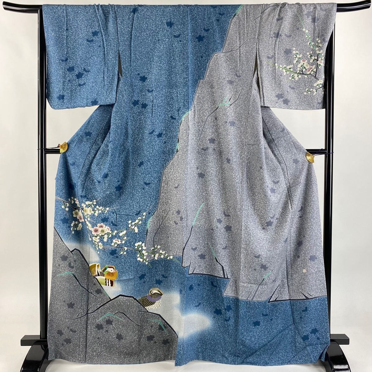 訪問着 身丈167.5cm 裄丈68.5cm L 袷 TOKIO et TOKI 落款 鴛鴦 枝梅 金彩 ぼかし 青 正絹