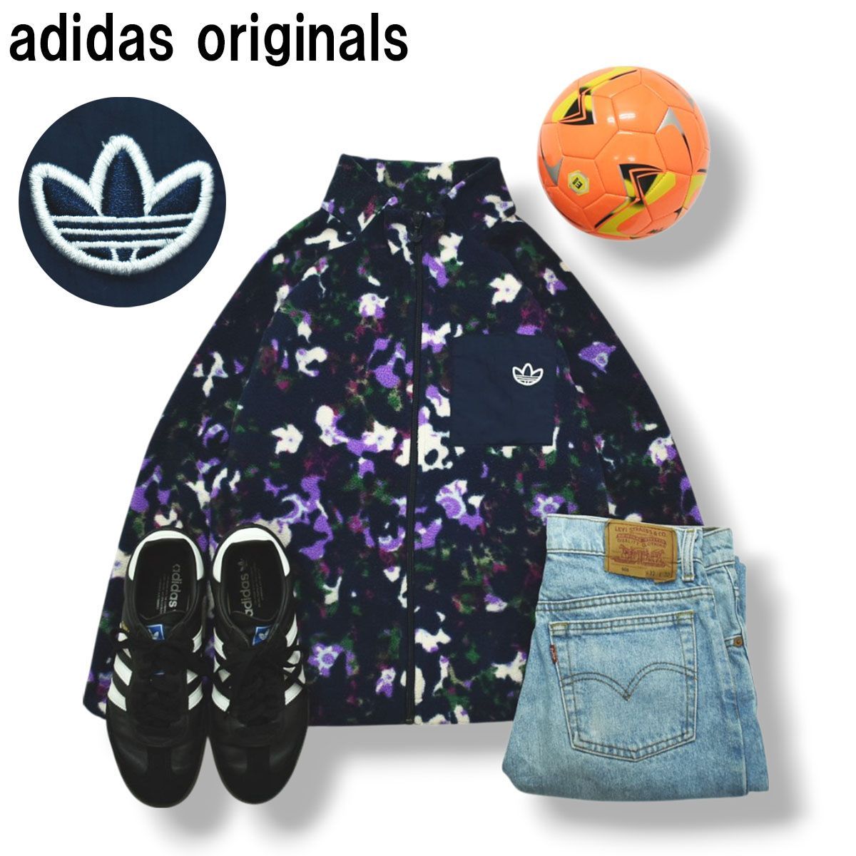 アディダス オリジナルス adidas originals フリース ジャケット ラグランスリーブ トレフォイルロゴ フルジップ S 総柄 マルチ ストリート レディース ♪
