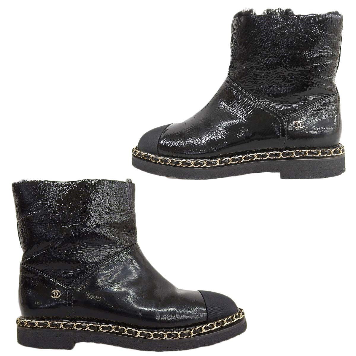 CHANELチェーンムートンブーツブラック40C