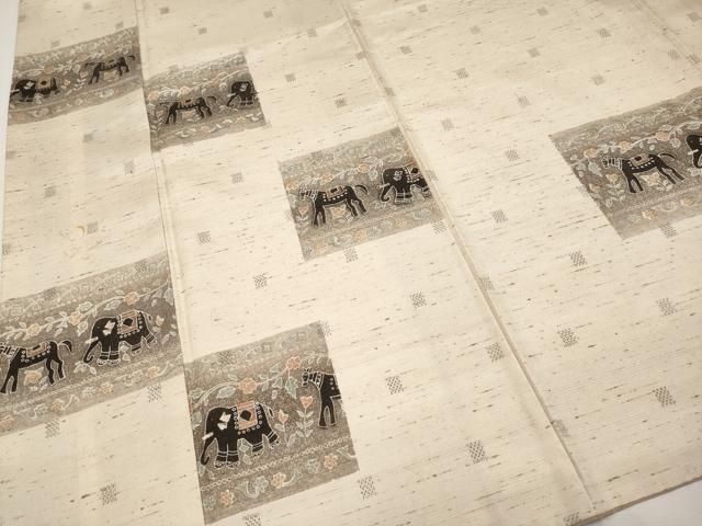 平和屋着物□極上 奥越後 ぜんまい紬 自然工房 柿渋庵 動物草花文 肌色