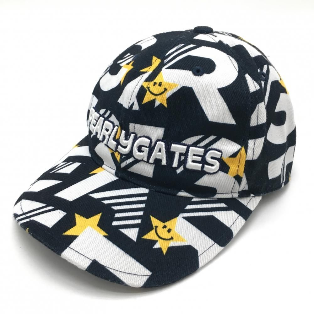 【美品】パーリーゲイツ キャップ ネイビー×白×イエロー 英字柄 星柄 汗取りパッド付 FR  ゴルフウェア PEARLY GATES