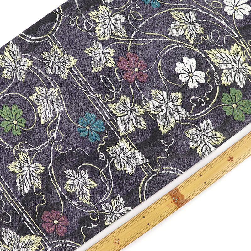 ファッションアプリ 袋帯 正絹 六通柄 黒 紫 唐草 花 蔦 長さ433cm 幅31cm リサイクル 和装 礼装 フォーマル 着物