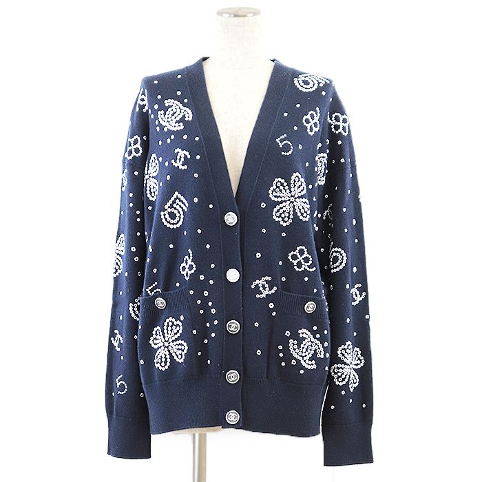 極美品 CHANEL シャネル ニット セーター カーディガン P53667K06997 ココボタン コットン ブラック シルバー 34 中古  59939 – Casanova Vintage