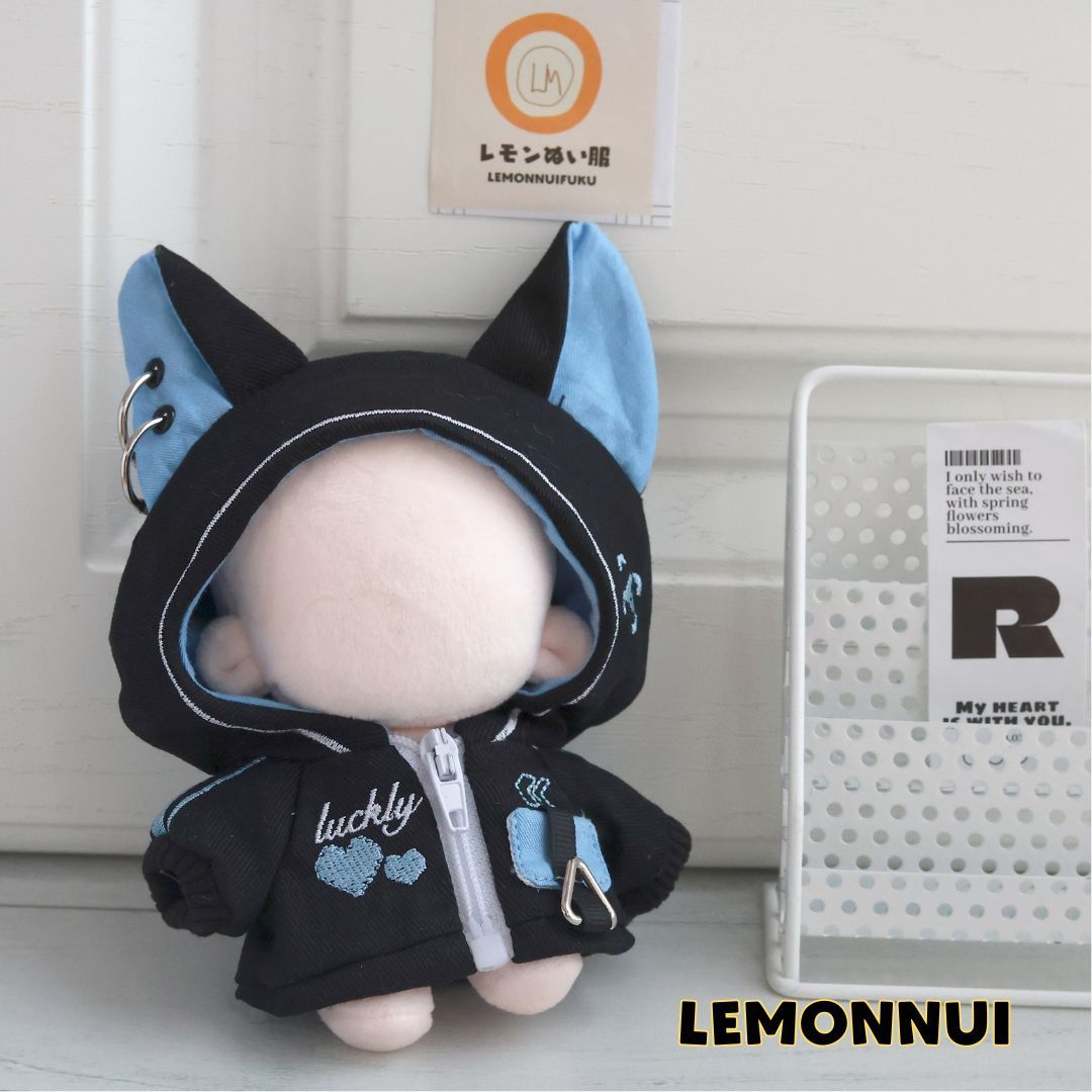 10cm 着せ替え ぬいぐるみ服 耳付き パーカー ブルー Y2K 萌え