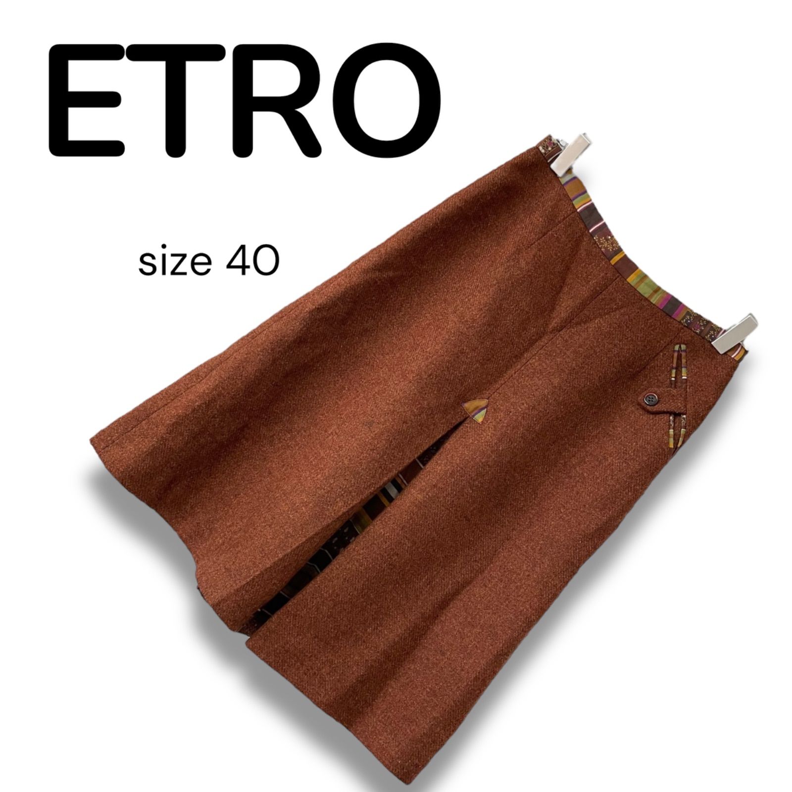 ETRO エトロ Milano フ スカート 赤茶 ブラウン ウール 裏地付き イタリア製 40 Mサイズ相当 レディース エレガント 上質素材 ボタン装飾 24-19579-559 秋冬 0000472OC