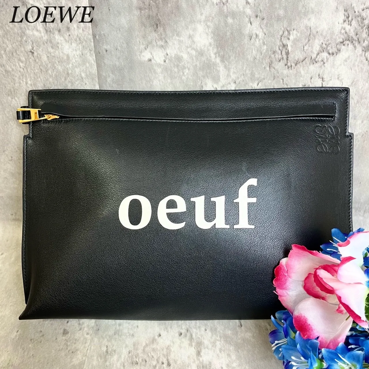 ✨極美品✨ LOEWE ロエベ クラッチバッグ ハンドバッグ ウフフ アナグラム ロゴ型押し ゴールド金具 カーフレザー レディース ブラック  黒色|mercariメルカリ官方指定廠商|Bibian比比昂代買代購