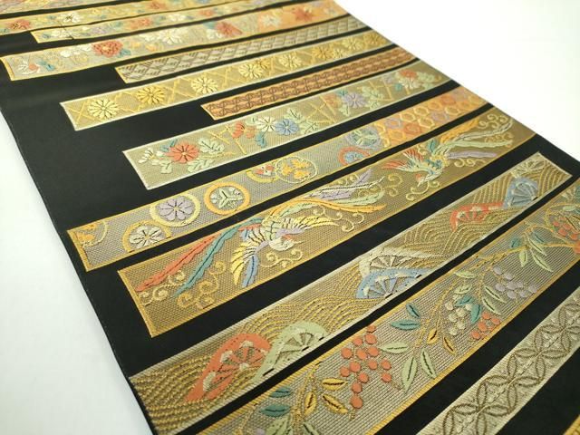 平和屋着物●西陣の名門 本家加納 つけ帯 横段舞蝶花鳥文 黒地 金糸 越後絣扱い 正絹 ♥ DAAY1028ps