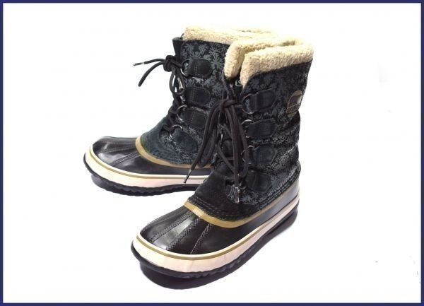 カナダ名門SOREL/ソレル雪結晶柄/インナー付/本革スノーブーツ24.0黒-o82