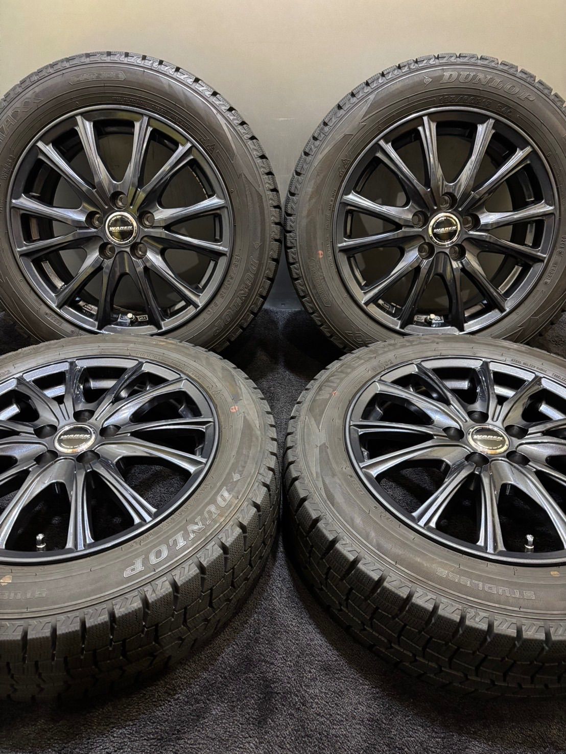 185/60R15 DUNLOP/WINTER MAXX WM02 21年製 WAREN 15インチ 6J +43 100 5H スタッドレス 4本 シエンタ (南2-I160)