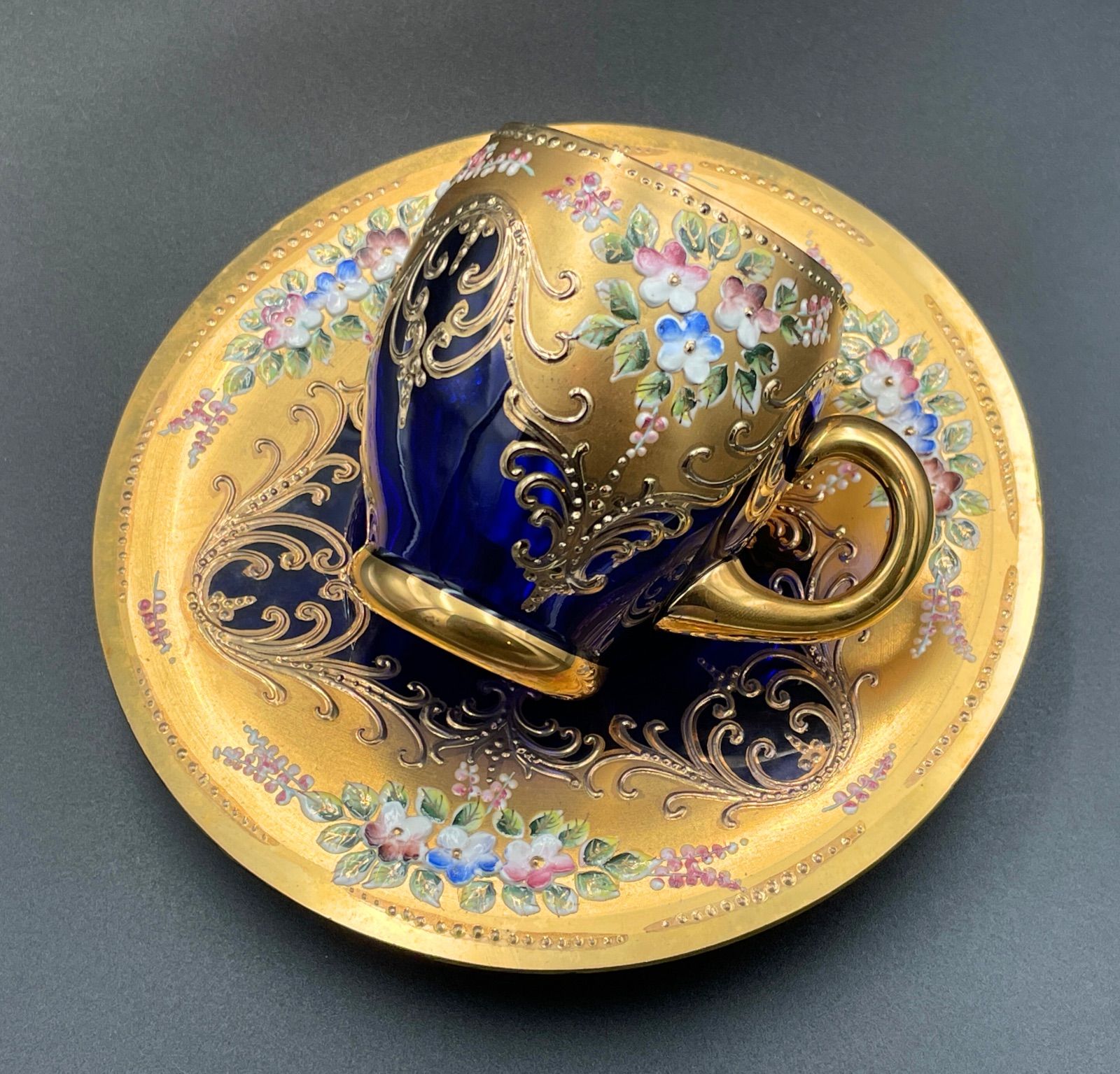 希少】Moser（モーゼル） コバルトブルー ガラス エナメル盛上げ花文様