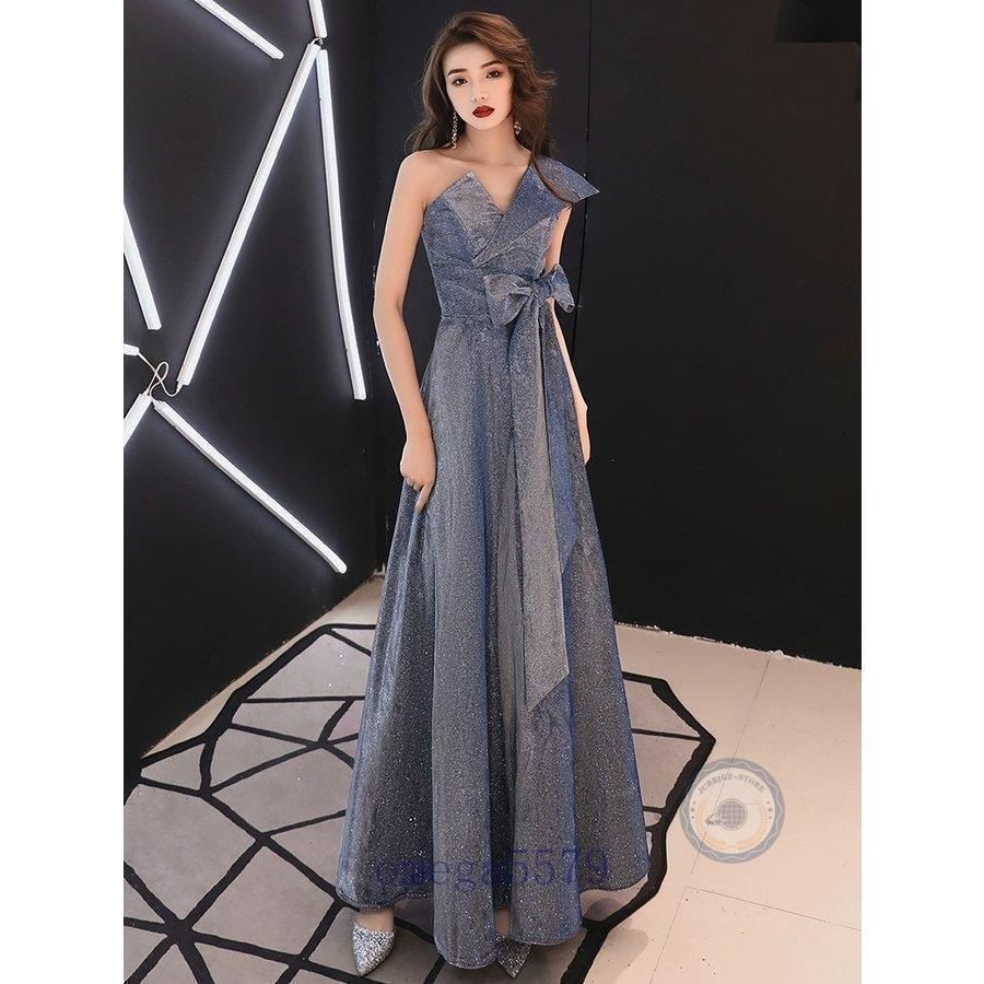 パーティードレス 安い 可愛い ロングドレス 華やか リボン フ スカート 結婚式 披露宴 ブルー襟付き半袖 ミドル丈