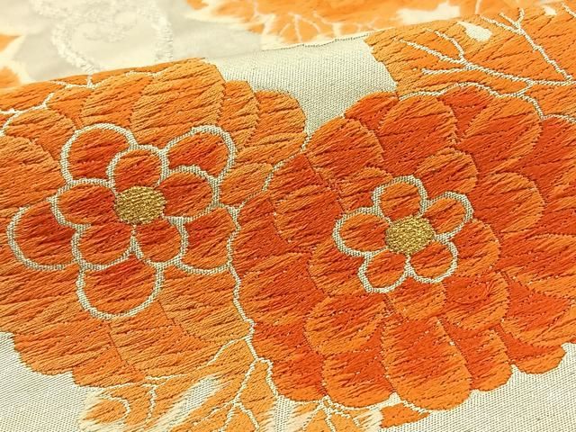 平和屋着物◎六通柄袋帯 唐織 七宝花文 銀糸 正絹 逸品