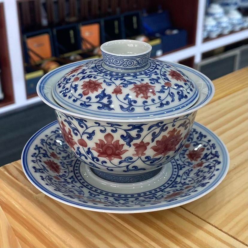 景徳鎮 青花釉里紅三才蓋碗 茶碗 煎茶器 未使用品 景徳鎮 青花釉里紅三才蓋碗 茶碗 煎茶器 未使用品