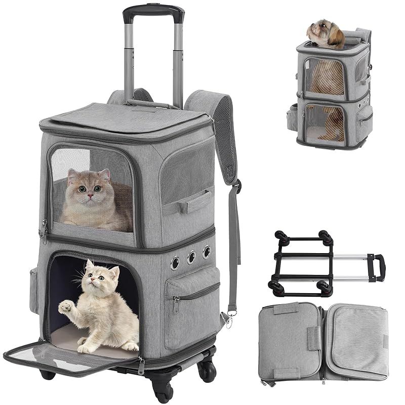 HOVONO 猫 2 匹 キャリー リュック キャスター付き 小型 犬 キャリー カート 2段式 ペット ネコ の トロリーバッグ 大容量 通気性 旅行|通院|交通機関|災害避難用 グレー 0