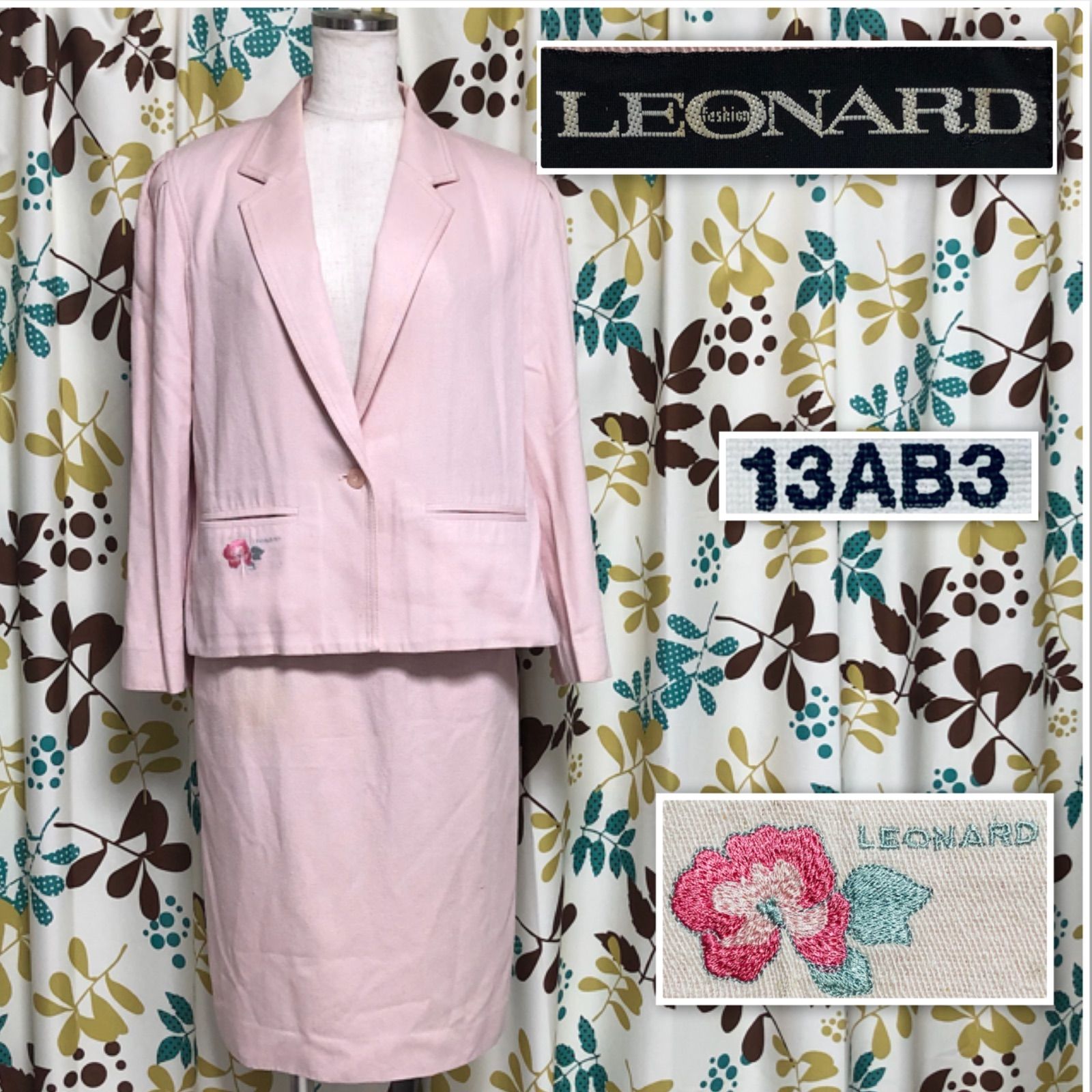 LEONARD レオナール スカートスーツ上下セットアップ size13号(XL、LL相当) ワンポイント花柄刺しゅう ピンク  シングル1つボタンジャケット ひざ丈タイトスカート シルク100% レディース - メルカリ