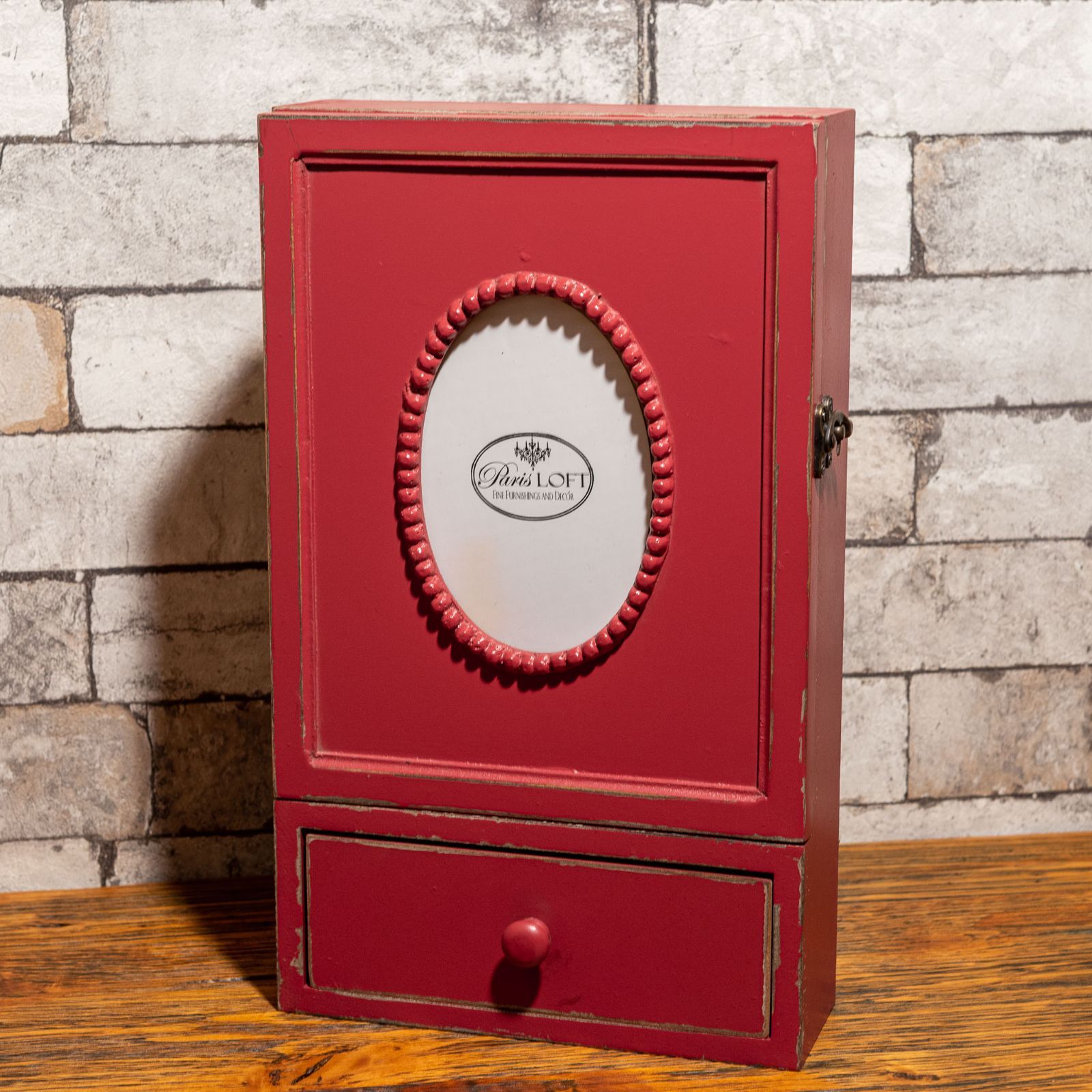 玄関収納 フォトフレーム付き キーフック ウォールキャビネット レッド