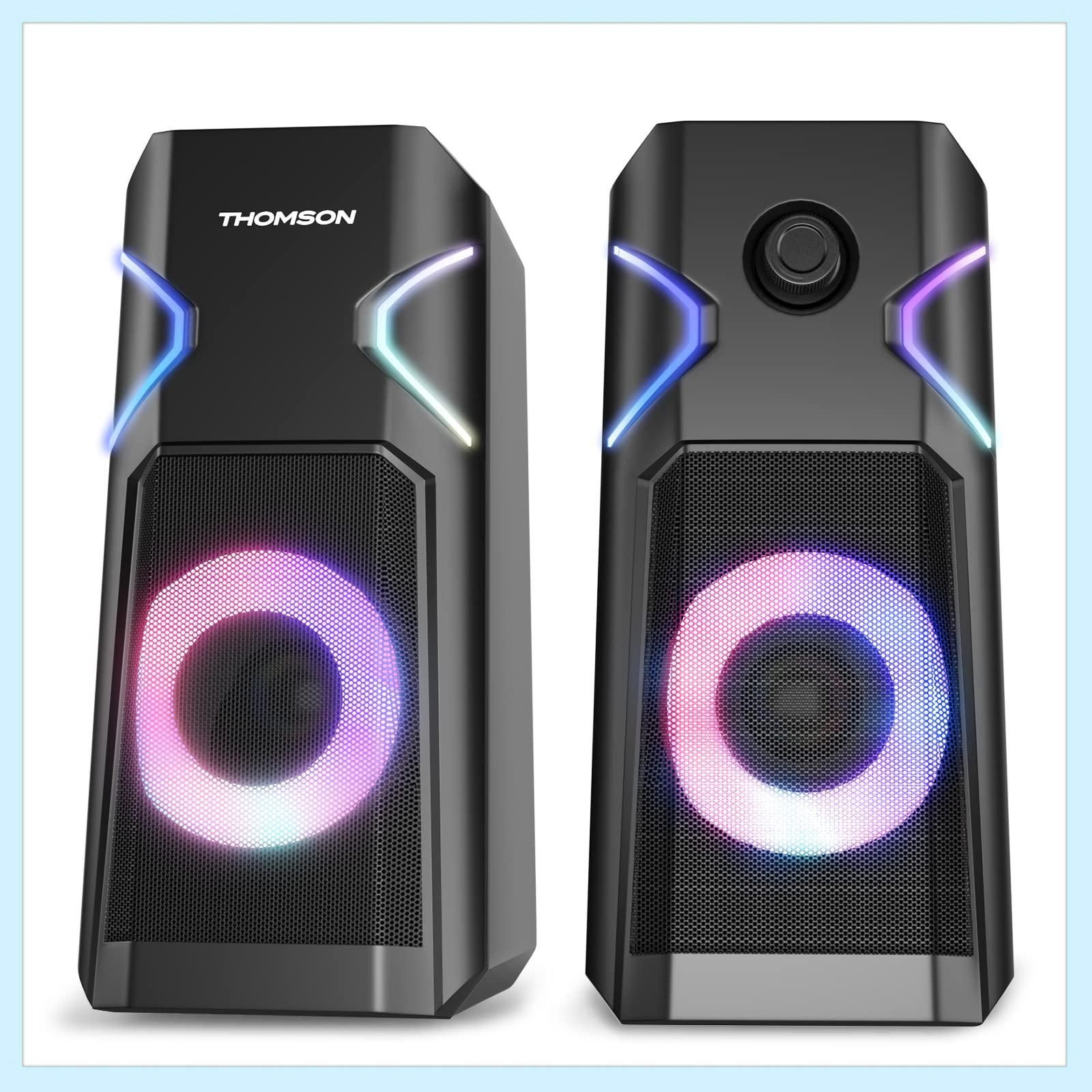 THOMSON pcスピーカー ゲーミングスピーカー RGBライト切り替え可 有線USB給電式 3.5mmヘッドフォンジャック コンパクト 2.0チャンネルステレオ 縦置き 6W（3W*2）