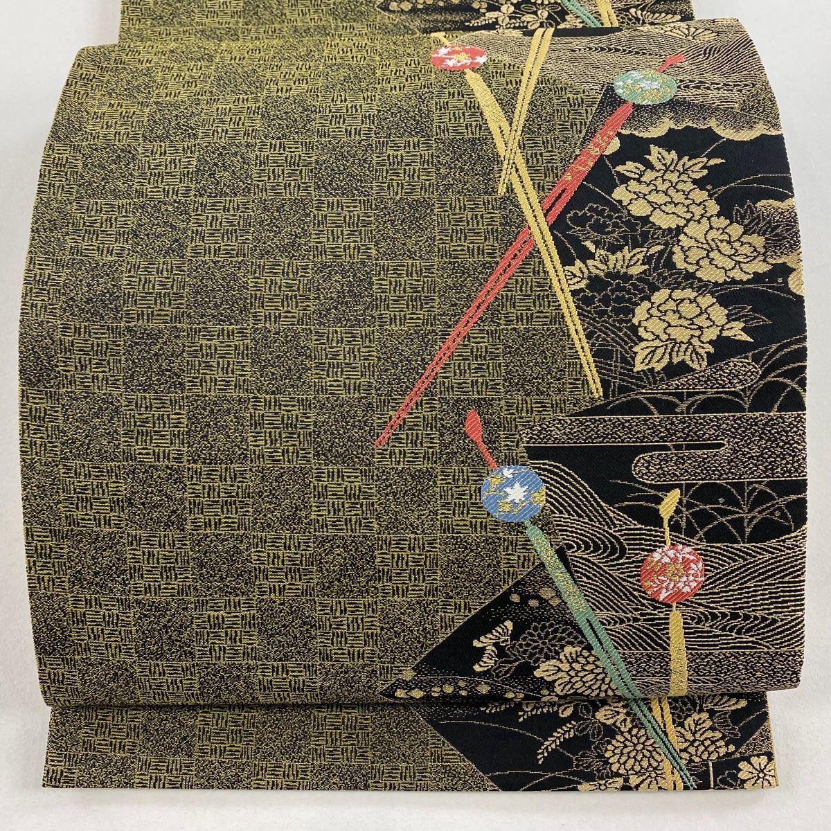 袋帯 秀品 簪 牡丹 金糸 鶯色 六通 正絹