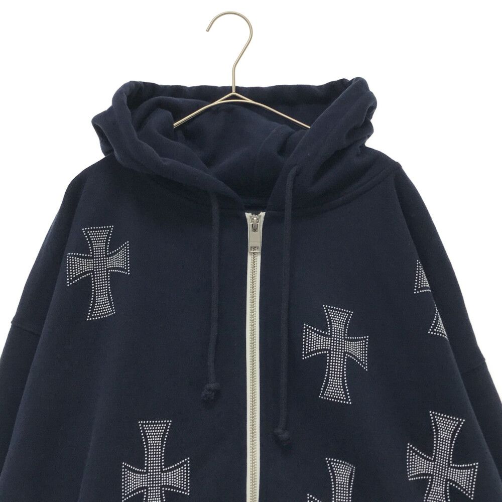 UNKNOWN (アンノウン) Navy Cross Rhinestone Zip Hoodie ネイビー