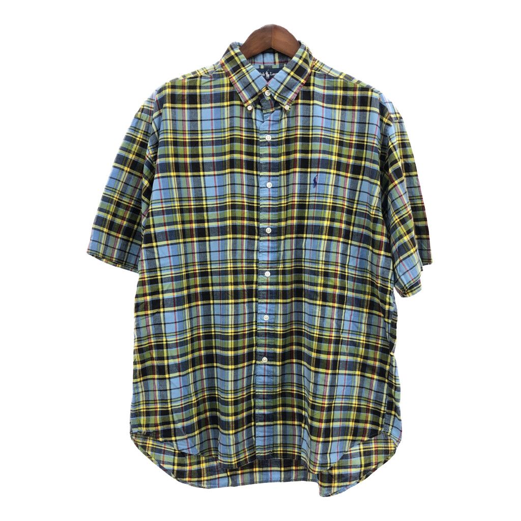 人気 ラルフローレン 半袖　シャツ 2XL ブルー チェック ボタンダウン 古着 RALPH LAUREN ラルフローレン チェック柄 ボタンダウンカラー