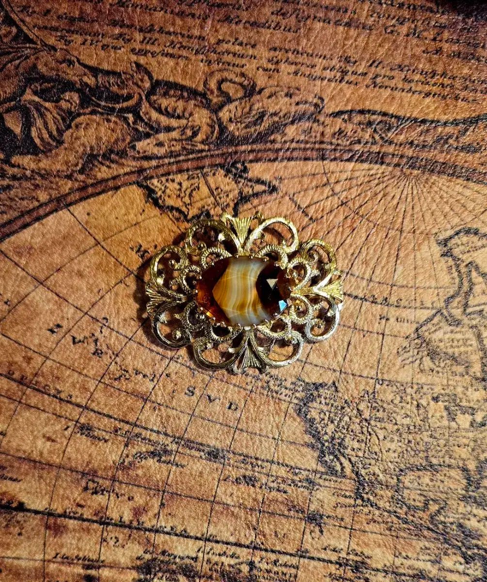 オリジナル ヴィンテージ イェロー マーベル ストーン 楕円 ブローチ