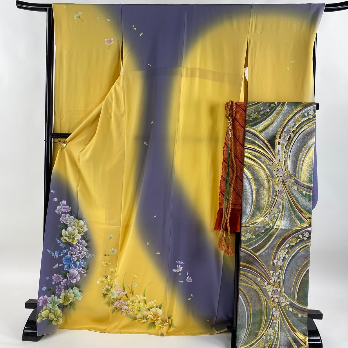 美品　正絹振袖　深緑　6点セット　裄丈68 163cm前後 振袖 身丈170cm 裄丈66cm M 袷 袋帯フルセット 草花 染め分け
