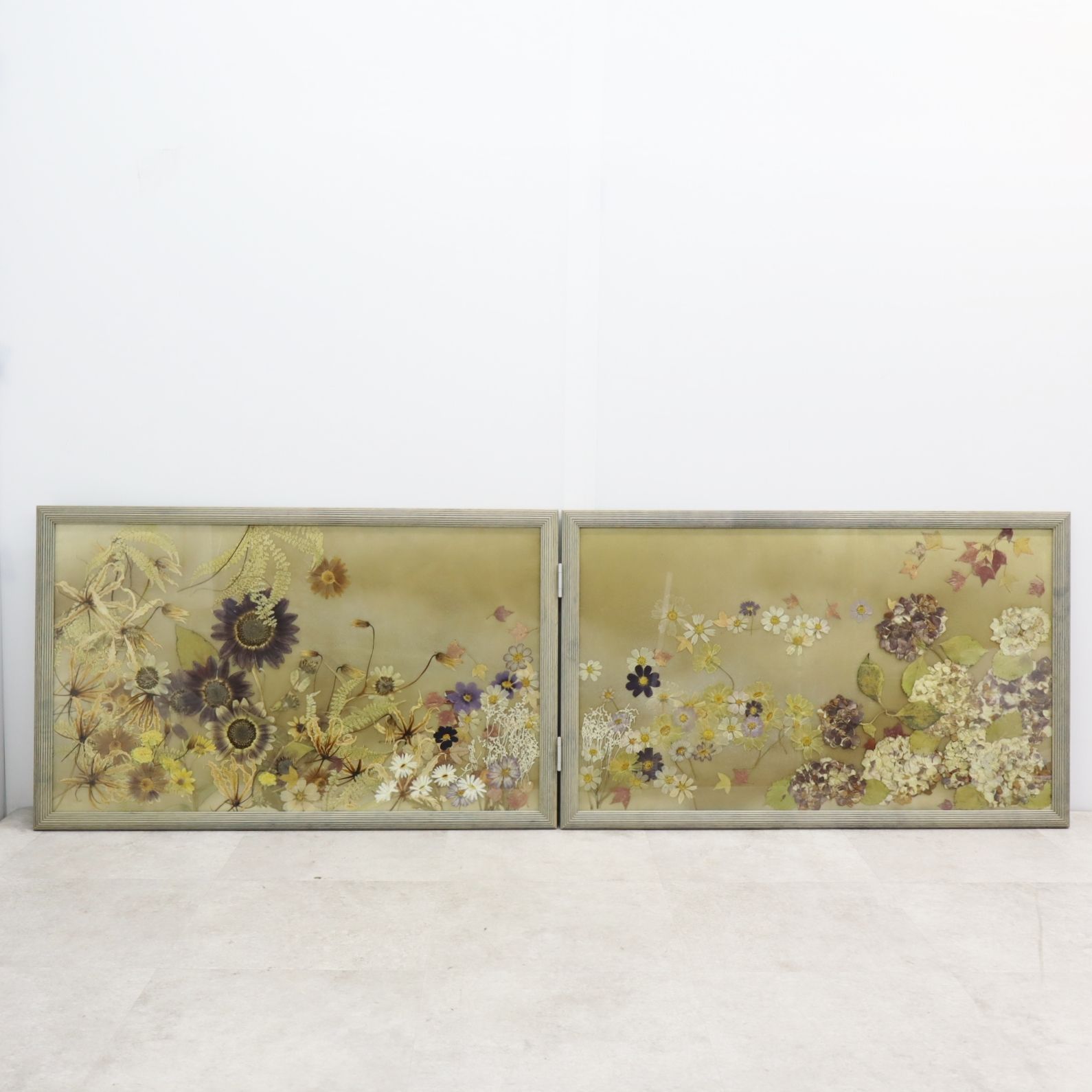 インテリアに!!! 約158.5×49×2.5ｃｍ｜2面屏風 押し花 ｜アートフラワー 押花  ハンドクラフト 　木製アクリル額入りP3343