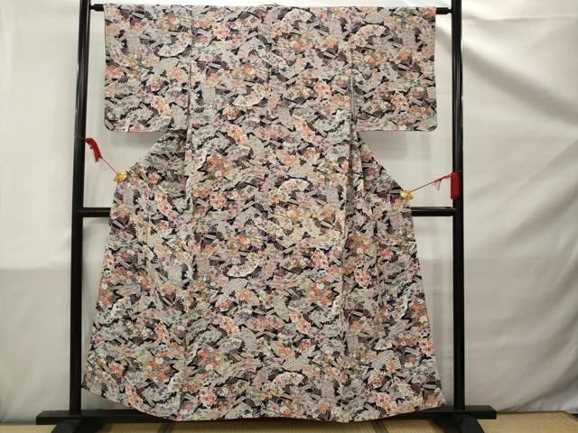 美品 縦絽 ポピー 夏着物”主役級の華やかさ！軽やかに舞うポピー”小紋 6193 夏物 着物 未使用 正絹 単衣 絽芭蕉 縦絽 濃紺色地 変わり縞