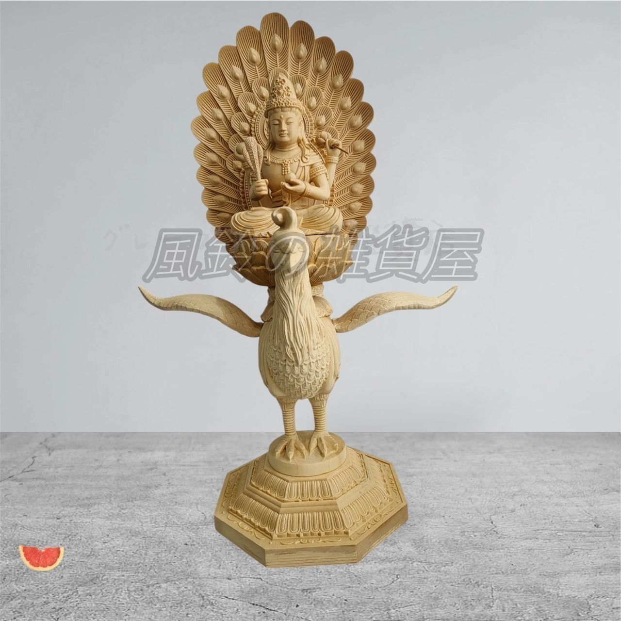 青と金の孔雀彫刻 約30cm クジャク 置物 孔雀 オーナメント 鳥