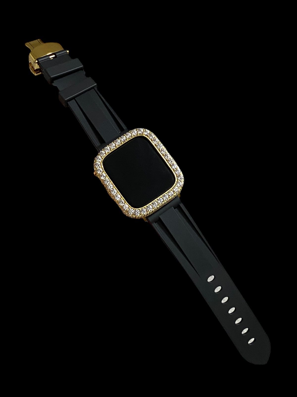 超 大粒ゴールド×ブラック AppleWatchキラキラケース カバー アップルウォッチ ラバーバンド ベルト 38 mm 40 41 42 44 45