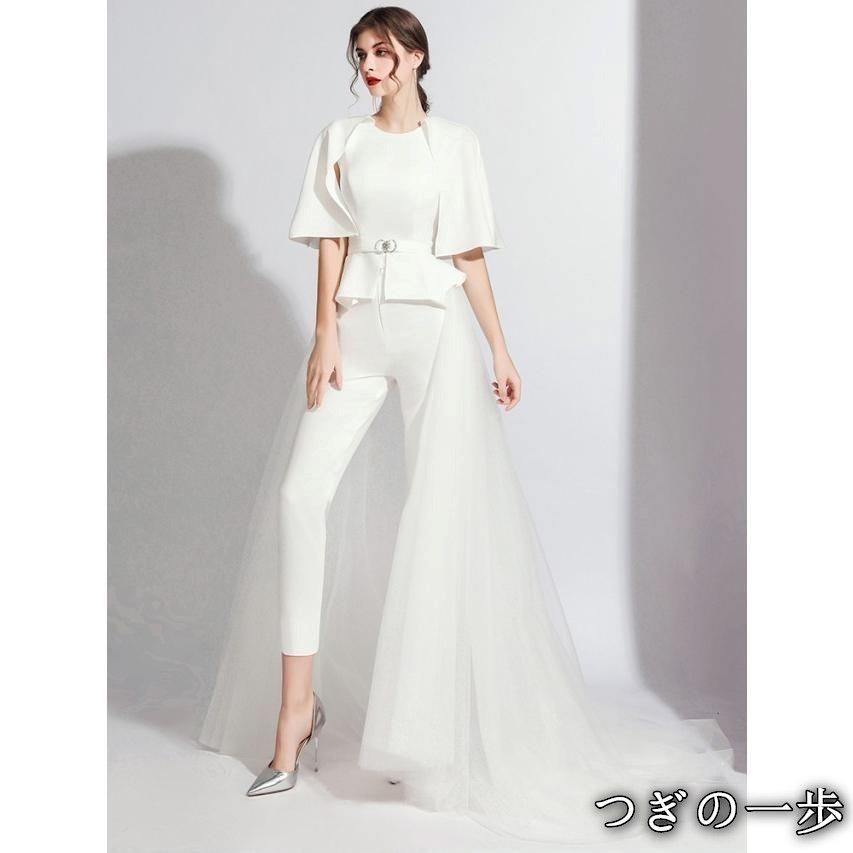 ワンピースです ウエディングドレス 袖あり ドレス パンツドレス かっこいい 結婚式 二次会 花嫁 ドレス 大きいサイズ 白 黒 赤 トレーン 個性的 モ
