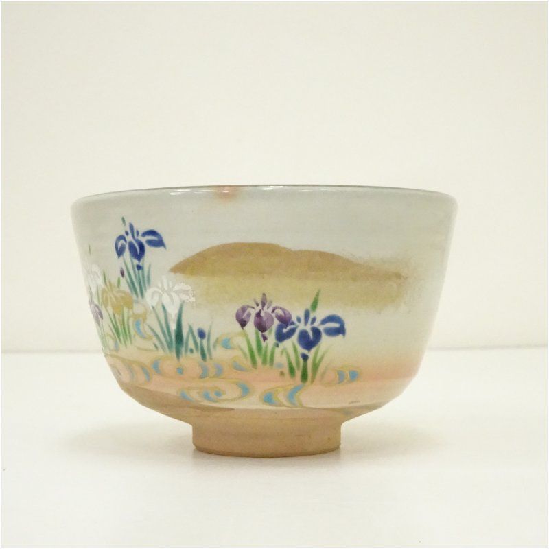 K73 平安 橋本紫雲 造 乾山写 花菖蒲文 茶碗 共箱 茶道具 抹茶茶碗、共