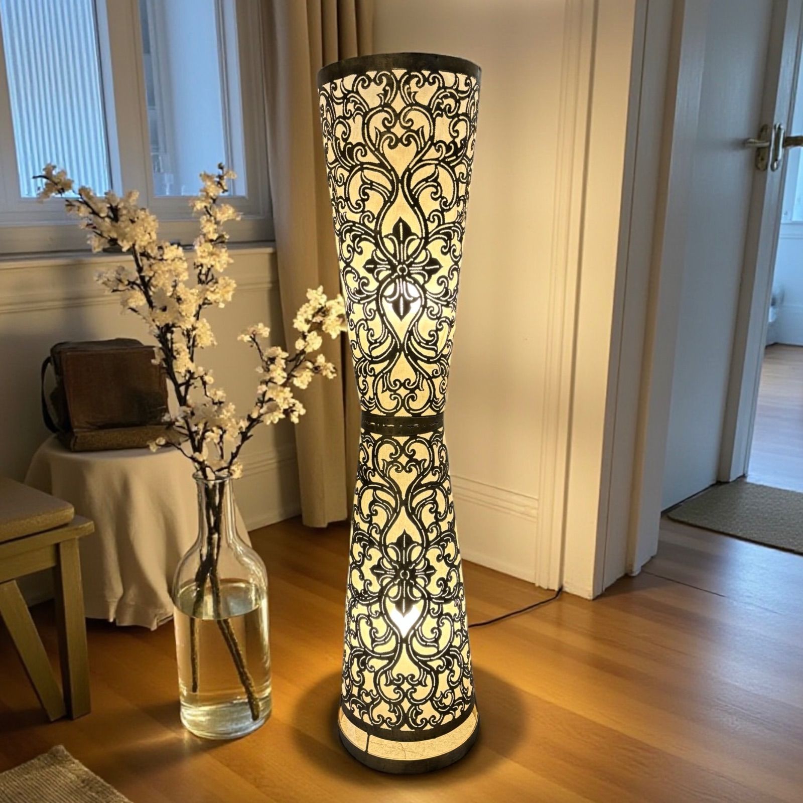 アイアン モロッコ 2灯式 フロアライト 丸柱 おしゃれ インテリア照明 ハンドメイド 自然素材 布張り ライト 照明 モダン インテリア