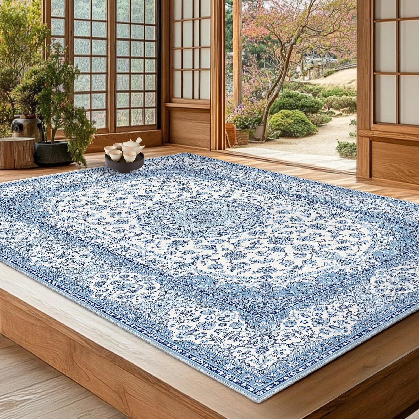 FORTSEA 大きい ラグマット 160×230cm 洗える ペルシャ風 花柄 ブルー 長方形 防音 ふわふわ 滑り止め付き 床保護 リビング ダイニングマット オールシーズン適用 薄手 軽量 インテリア おしゃれ