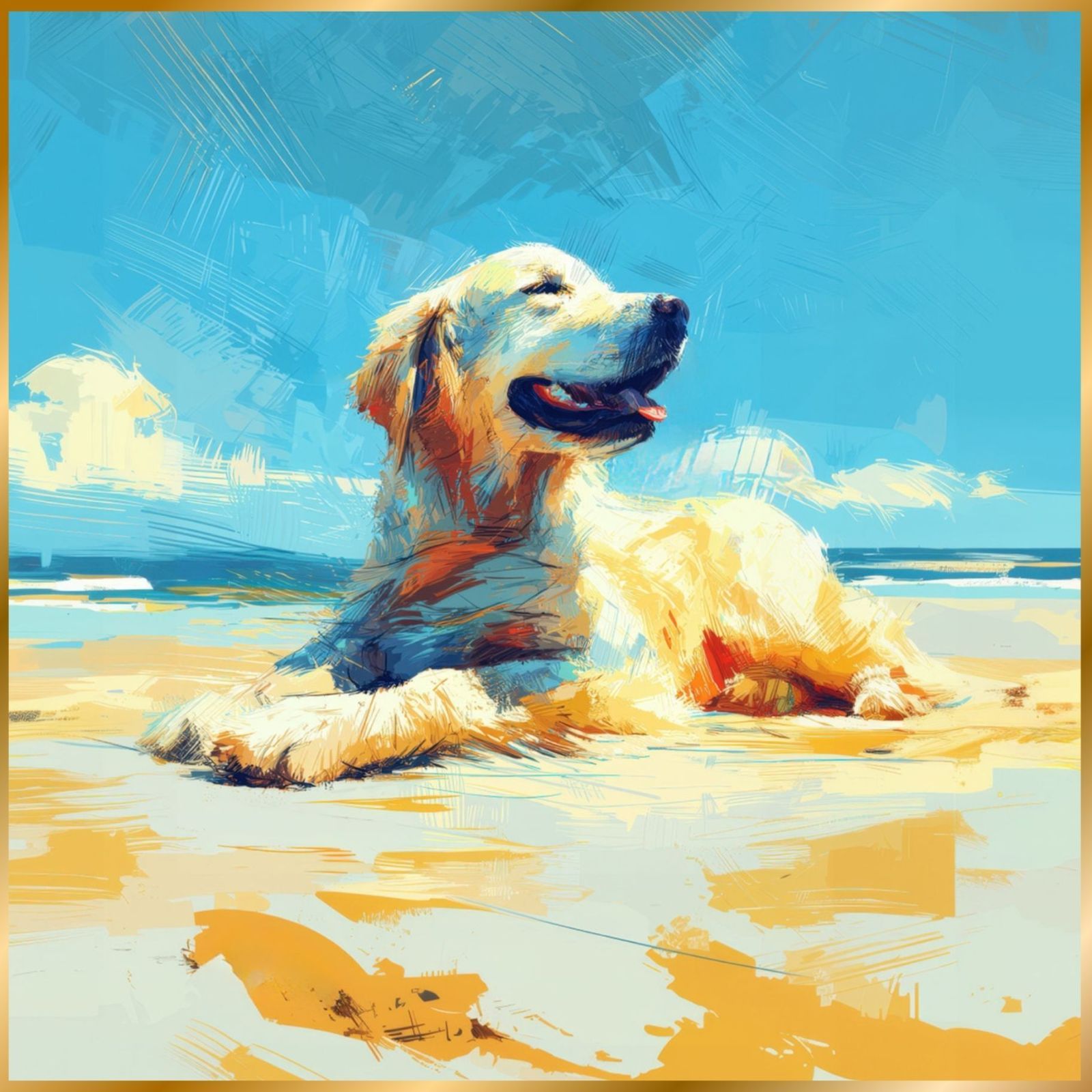 ゴールデンレトリバー犬とビーチのスケッチ No.3 海 犬の絵 犬のイラスト おしゃれ ミニマリスト ミニマリズム シンプル インテリアアート ペットロス うちの子 記念日 アートポスター ギフト プレゼント