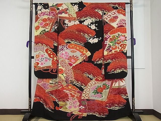 平和屋1□極上 アンティーク 大正ロマン 振袖 駒刺繍 檜扇飛鶴松吉祥文