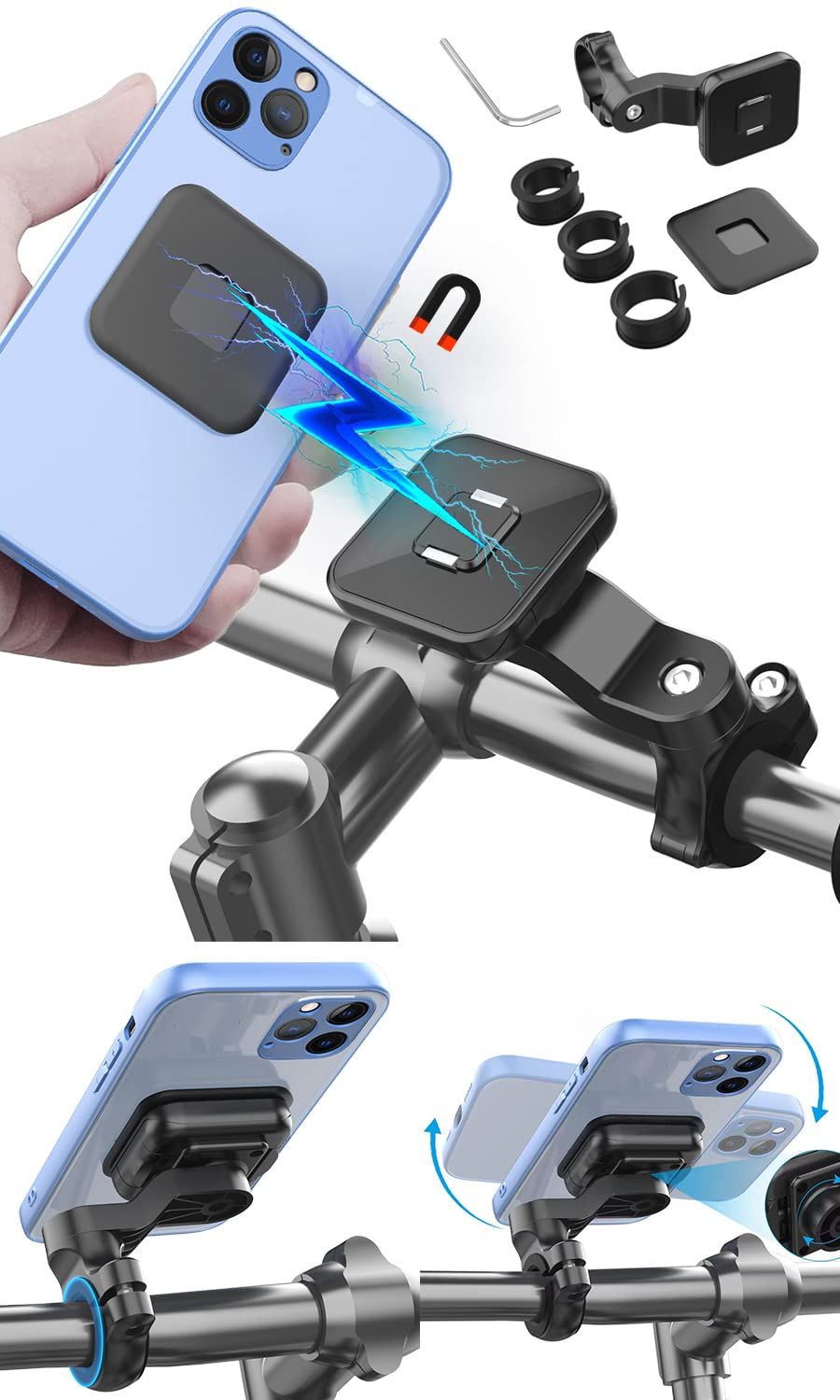 【GOROPRI】自転車 スマホホルダー ロードバイク 自転車 携帯ホルダー 自転車用スマホホルダー バイク 強力マグネット式 衝撃的で超簡単な着脱方法 全機種対応 汎用タイプ ハンドルバーやマ