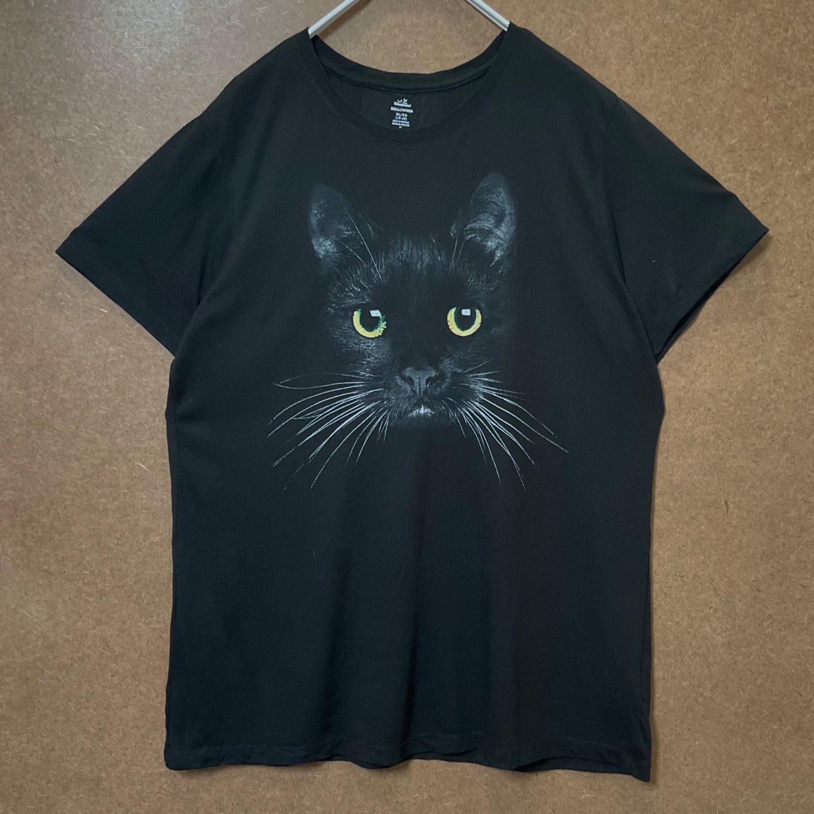 US古着 アニマルプリント ネコねこ猫 ビッグサイズ半袖tシャツ黒XL