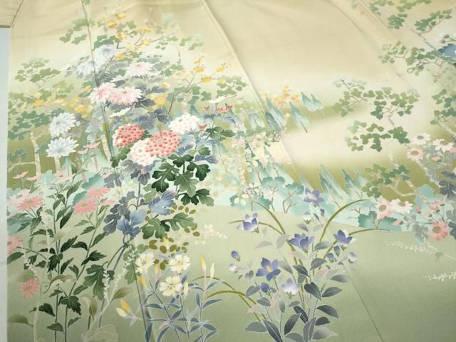 平和屋着物●十日町友禅作家　阿部佳雪　訪問着　枝花文　暈し染め　金彩　正絹　逸品　CAAU2964yc 平和屋着物○十日町友禅作家 阿部佳雪 訪問着 枝花文 暈し染め 金彩