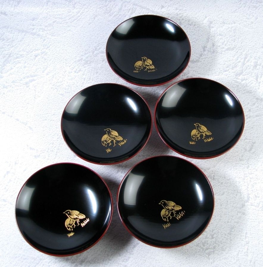 輪島塗 木製 沈金吸物椀5客 No1 幅：13.7cm 美品 共箱/24d039
